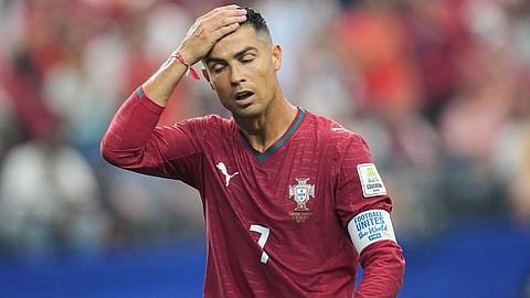 Portugal's Cristiano Ronaldo (7) reacts during the World Cup round of 16 soccer match between Portugal and Spain 