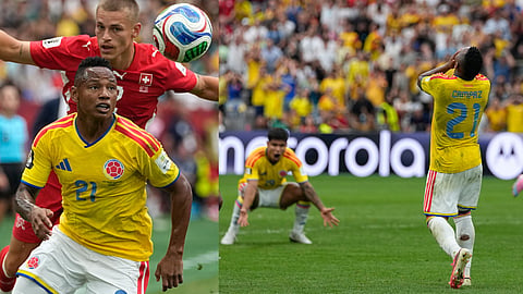 Colombia's Jaminton Campaz reacts after losing to Switzerland during a penalty shootout in the World Cup round of 16 soccer match 