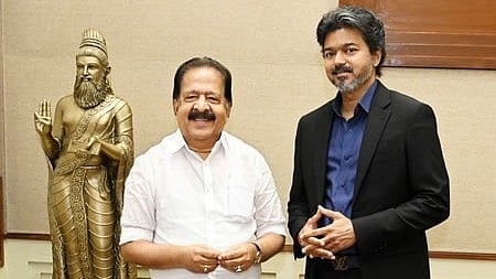 Home minister Ramesh Chennithala meets TN chief minister Joseph Vijay.