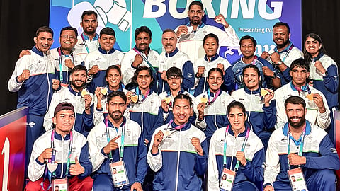 members of the Indian boxing contingent after the boxing events at the 23rd Commonwealth Games (CWG), in Glasgow 