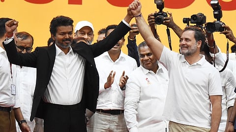 TVK president and Chief Minister of Tamilnadu C Joseph Vijay and Rahul Gandhi 