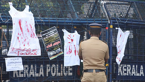During the protest demanding justice for the sisters who died after being subjected to abuse in Walayar
