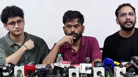 Cockroach Janta Party's Abhijeet Dipke (C), Saurav Das, (L), and Ashuthosh Ranka held a press conference in New Delhi