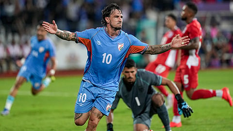 Indian midfielder Ryan Williams (10) celebrates after scoring a goal during a FIFA International Friendly 2026 football match against Panama