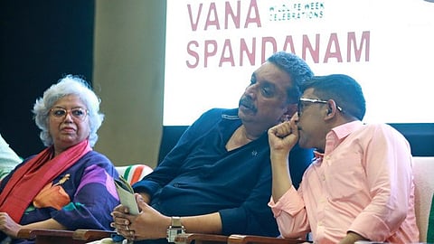 Retired IFS officer Prakriti Srivastava (left) and Forest Minister Shibu Baby John at the Vana Spandanam Wildlife Week Celebrations held at the State Central Library Hall