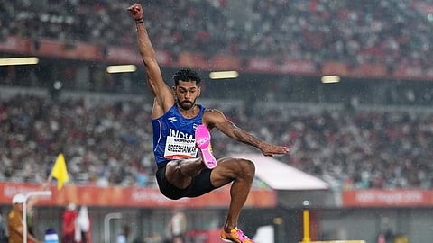 M Sreeshankar competes in the men's long jump final at the Asian Games in Nagoya, Japan