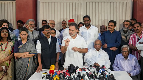 Leader of Opposition in the Lok Sabha Rahul Gandhi, Congress President Mallikarjun Kharge, party leaders Priyanka Gandhi Vadra, KC Venugopal, and other leaders of the INDIA bloc  