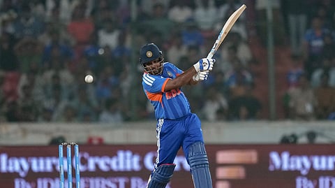 India's Sanju Samson plays a shot during the fourth T20I cricket match of a series between India and West Indies