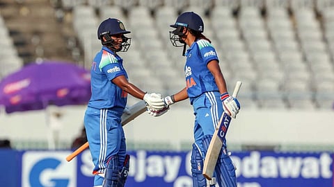 Harmanpreet Kaur congratulates Deepti Sharma after her fifty