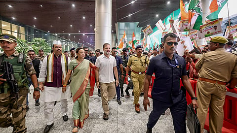  Rahul Gandhi being welcomed by Congress leaders and workers, at Lucknow Airport.
