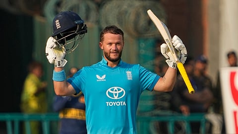 England's Ben Duckett celebrates after scoring a century during the tri-series one-day international cricket match between Sri Lanka and England, in Lahore 