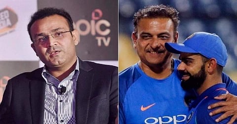 ഡ്രസിങ് റൂമിലിരുന്ന് വാചകടിച്ചിട്ട് കാര്യമില്ല, കളിച്ചു കാണിക്കൂ; ബാറ്റും ബോളുമാണ് സംസാരിക്കേണ്ടത്- ശാസ്ത്രിയെ പരിഹസിച്ച് സെവാ​ഗ്