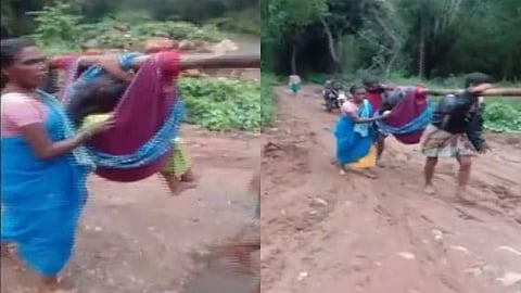 കനത്തമഴയില്‍ ഗ്രാമം ഒറ്റപ്പെട്ടു, ഗര്‍ഭിണിയെ തോളിലേറ്റി ആശുപത്രിയില്‍ എത്തിച്ച് ബന്ധുക്കള്‍; കാല്‍നടയായി സഞ്ചരിച്ചത് ആറുകിലോമീറ്റര്‍ (വീഡിയോ)