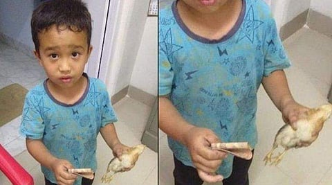 ഒന്ന് രക്ഷിക്കുവോ പ്ലീസ്...സൈക്കിളിടിച്ച് പരിക്കേറ്റ കോഴിക്കുഞ്ഞുമായി കുട്ടി ആശുപത്രിയില്‍, ചിത്രം വൈറല്‍