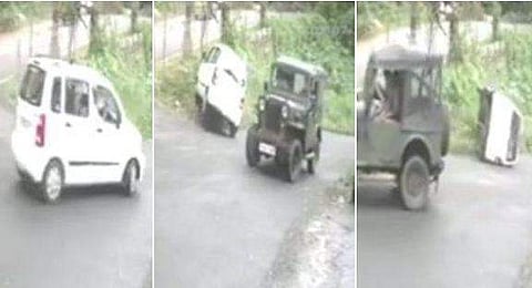 പാളിപ്പോയ കണക്കുകൂട്ടൽ; യൂടേൺ എടുത്തപ്പോൾ മൺതിട്ടയിൽ തട്ടി റോ‍ഡിലേക്ക് മറിഞ്ഞ് കാർ (വീഡിയോ)