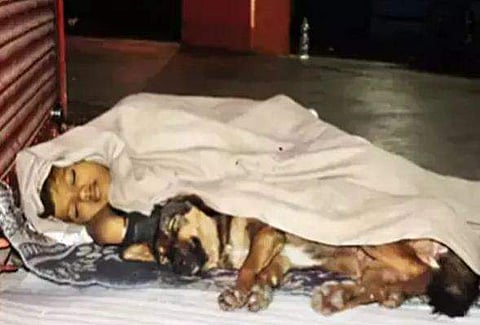 തെരുവില്‍ പട്ടിയ്‌ക്കൊപ്പം അന്തിയുറങ്ങുന്ന ബാലന്‍/ ട്വിറ്റര്‍ ചിത്രം
