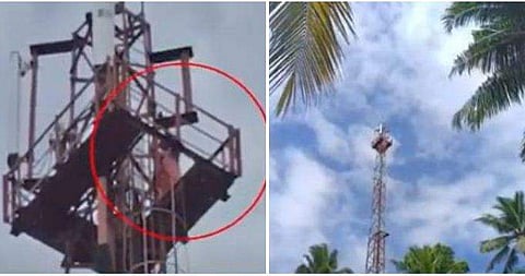 മൊബൈല്‍ ടവറിന് മുകളില്‍ ആത്മഹത്യാഭീഷണി മുഴക്കി യുവാവ് ; അനുനയശ്രമവുമായി പൊലീസും ഫയര്‍ഫോഴ്‌സും