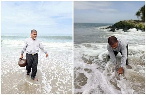 ഒരുകുടം കൊണ്ട് കടല്‍ വറ്റിക്കാന്‍ ശ്രമിക്കുന്ന മനുഷ്യന്‍; ചെല്ലാനത്ത് നിന്നൊരു വ്യത്യസ്ത സമരം
