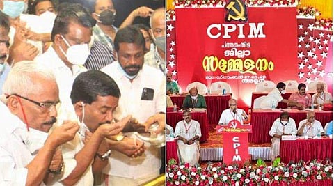അനന്ത​ഗോപൻ ശബരിമലയിൽ പോയപ്പോൾ ( ഫയൽ), സിപിഎം സമ്മേളനത്തിൽ നിന്ന് ( ഫെയ്സ്ബുക്ക്)