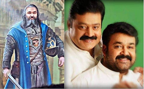 ബറോസിലെ മോഹൻലാലിന്റെ കഥാപാത്രം, മോഹൻലാലും സുരേഷ് ​ഗോപിയും/ ഫേയ്സ്ബുക്ക്