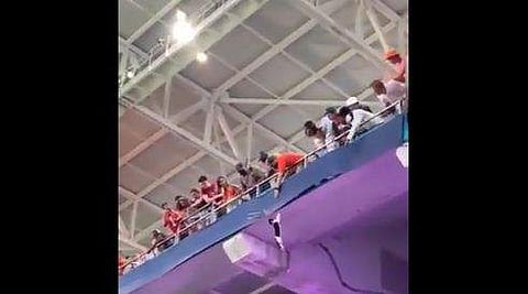 ഗ്യാലറിയുടെ മുകളില്‍ നിന്ന് താഴേക്ക് വീഴുന്ന പൂച്ച