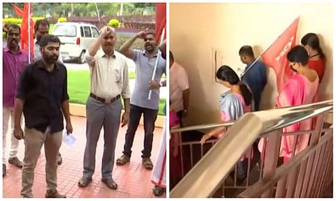 ജീവനക്കാര്‍ പ്രതിഷേധിക്കുന്നതിന്റെ ടെലിവിഷന്‍ ദൃശ്യം