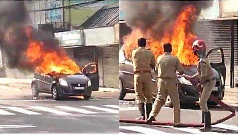 കാറിലെ തീയണക്കാന്‍ ഫയര്‍ ഫോഴ്‌സ് ശ്രമം/വീഡിയോ സ്‌ക്രീന്‍ഷോട്ട്