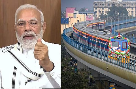 ബംഗാളിലെ വികസന പദ്ധതികള്‍ ഉദ്ഘാടനം ചെയ്ത് പ്രധാനമന്ത്രി നരേന്ദ്ര മോദി സംസാരിക്കുന്നു, കൊല്‍ക്കത്ത മെട്രോ/പിടിഐ