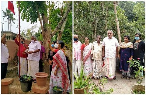 രാജ്കുമാറിന്റെ വീട്ടിലെ കൊടിമരത്തില്‍ കാനം രാജേന്ദ്രന്‍ പതാക ഉയര്‍ത്തുന്നു/ഫെയ്‌സ്ബുക്ക്‌