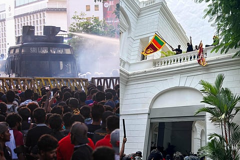 ശ്രീലങ്കയില്‍ സമരക്കാരും പൊലീസും ഏറ്റുമുട്ടിയപ്പോള്‍/എഎഫ്പി, പ്രസിഡന്റിന്റെ വസതിയില്‍ പ്രക്ഷോഭകര്‍ കൊടി വീശുന്നു/ട്വിറ്റര്‍