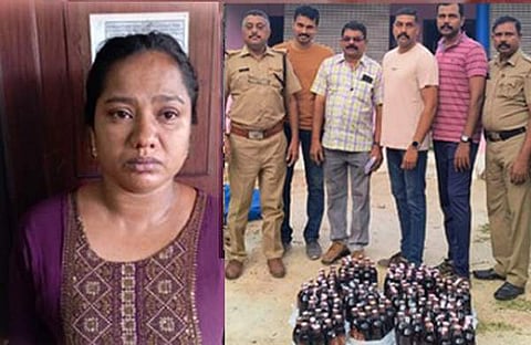 പിടിയിലായ സരിത, പിടിച്ചെടുത്ത മദ്യക്കുപ്പിയും എക്‌സൈസ് സംഘവും/ ഫോട്ടോ: ഫെയ്‌സ്ബുക്ക്