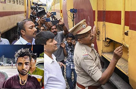തീവെപ്പുണ്ടായ ട്രെയിന്‍ പൊലീസ് ഉദ്യോഗസ്ഥര്‍ പരിശോധിക്കുന്നു; താഴെ ഷാറൂഖ് സെയ്ഫി