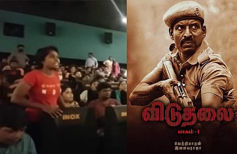 തിയറ്ററിൽ പൊലീസിനോട് തർക്കിക്കുന്ന വളർമതി/ വിഡിയോ സ്ക്രീൻഷോട്ട്, വിടുതലൈ പോസ്റ്റർ