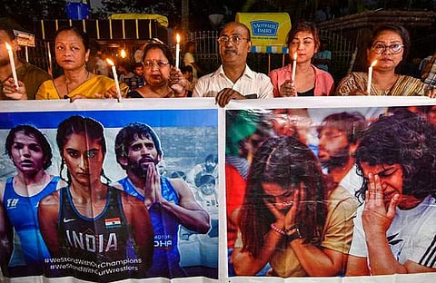​ഗുസ്തി താരങ്ങൾക്ക് പിന്തുണ പ്രഖ്യാപിച്ചു നടന്ന പ്രതിഷേധം/ പിടിഐ