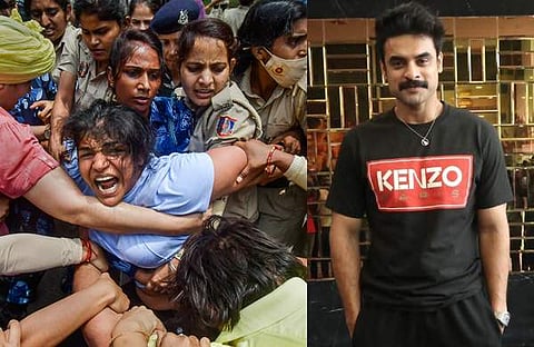 ​ഗുസ്തി താരങ്ങളുടെ പ്രതിഷേധത്തിൽ നിന്ന്/ ചിത്രം; പിടിഐ, ടൊവിനോ തോമസ്/ ഫെയ്സ്ബുക്ക്