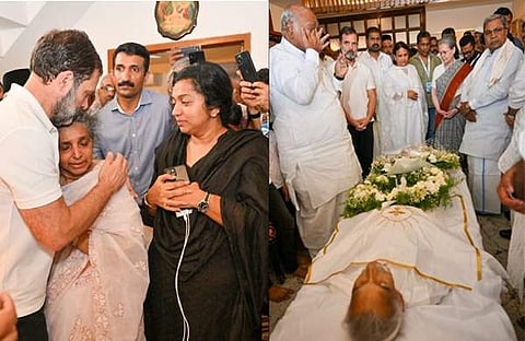 ഉമ്മന്‍ചാണ്ടിയുടെ കുടുംബാംഗങ്ങളെ ആശ്വസിപ്പിക്കുന്ന രാഹുല്‍- സോണിയ അന്ത്യാഞ്ജലി അര്‍പ്പിക്കുന്നു