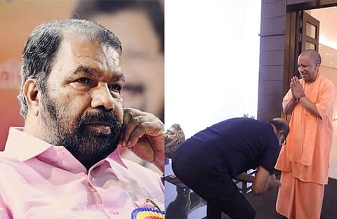വി ശിവൻകുട്ടി/ ഫെയ്സ്ബുക്ക്, രജനീകാന്ത് യോ​ഗിയുടെ കാൽതൊട്ട് വണങ്ങുന്നു/ ഫയൽ ചിത്രം