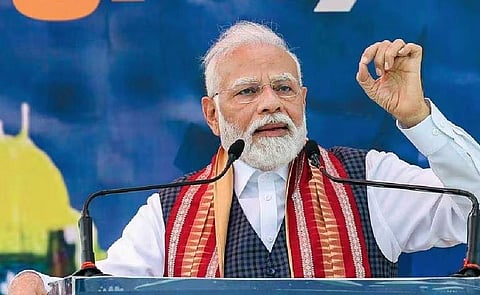 നരേന്ദ്ര മോദി സ്വീകരണ പരിപാടിയില്‍ പ്രസംഗിക്കുന്നു/പിടിഐ