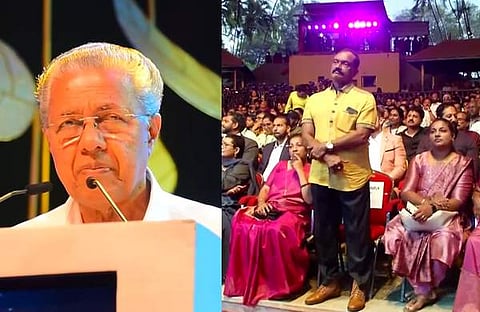 ചലച്ചിത്ര പുരസ്കാര വേദിയിൽ മുഖ്യമന്ത്രി പ്രസം​ഗിക്കുന്നു, എഴുന്നേറ്റ് നിന്ന് പ്രസം​ഗം കേൾക്കുന്ന ഭീമൻ രഘു/ വിഡിയോ സ്ക്രീൻഷോട്ട്