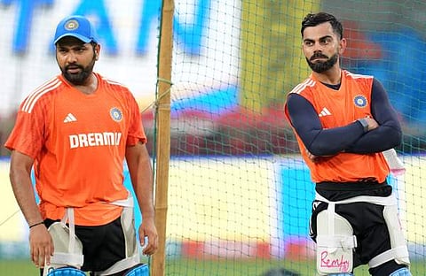 പരിശീലനത്തിനിടെ രോഹിതും കോഹ്‍ലിയും/ ട്വിറ്റർ