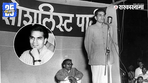Madhu Limaye addressing a public rally during his active years in Bihar politics, known for his democratic and socialist ideals.

