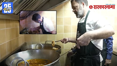 Rahul Gandhi making besan laddus and imarti during his visit to Delhi’s 237-year-old Ghantewala sweet shop.