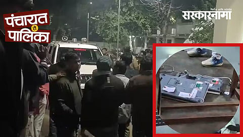 A voter allegedly breaks an EVM at a Gadchandur