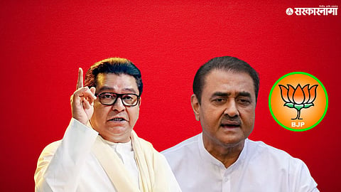 BJP leader Pravin Darekar speaking during a political event amid criticism of MNS chief Raj Thackeray.

