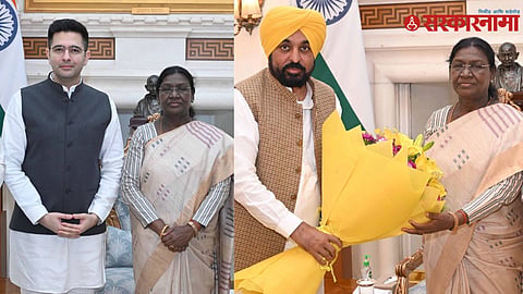 CM Bhagwant Mann, Raghav Chadha President Droupadi Murmu meeting  at Rashptrapati Bhavan. 