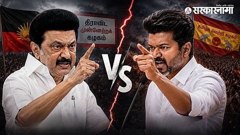 Vijay and M. K. Stalin at the center of a fresh political confrontation as accusations begin ahead of the Tamil Nadu Assembly floor test. (AI Image)