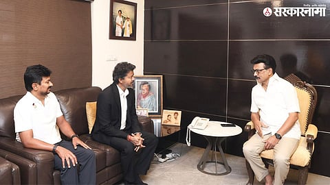 M. K. Stalin and Udhayanidhi Stalin greet Vijay with a warm hug during a meeting at their residence in Chennai.