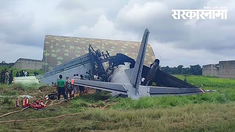 Indian Air Force AN-32 transport aircraft seen after the crash at Jorhat Airbase, Assam. 