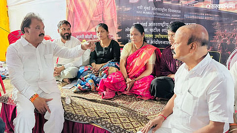 MLA Rajesh More meets protesters and extends support to the demand for naming Navi Mumbai International Airport after late D. B. Patil.