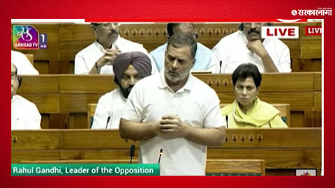 Ruling party MPs protest in the Lok Sabha following Rahul Gandhi's remarks, leading to a heated exchange and disruption of House proceedings.